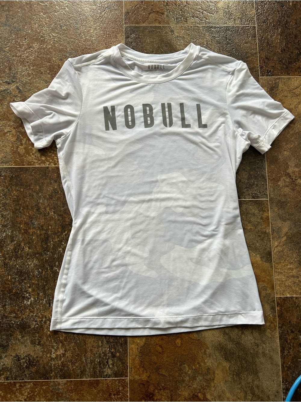 NOBULL Women's White Short Sleeve Logo Tee with Gray Print